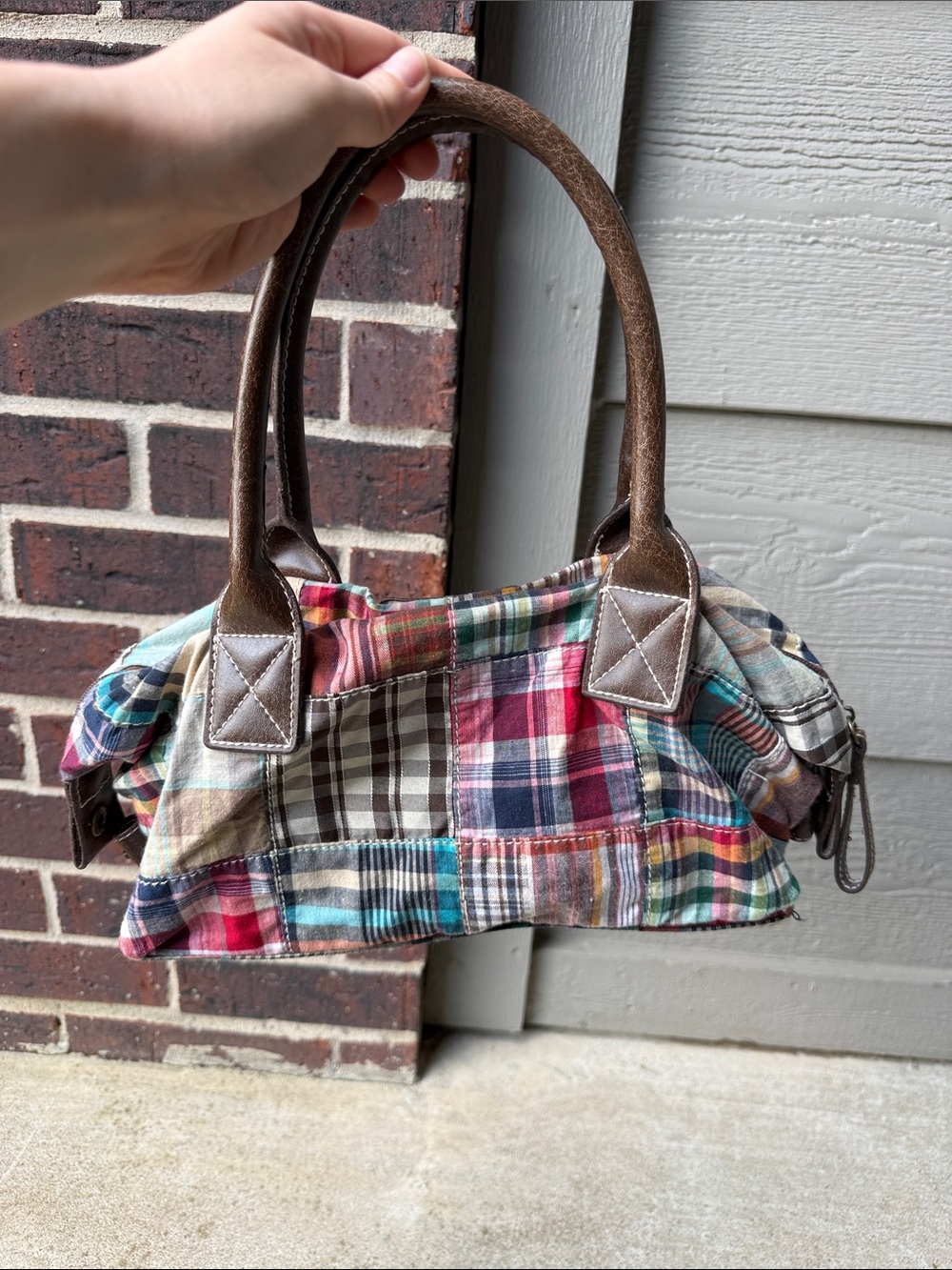 UNIONBAY Multicolor Plaid Patchwork Satchel with Brown Handles - Picture 2 of 4